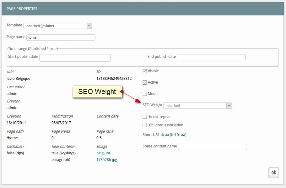 Page propreties : SEO Weight